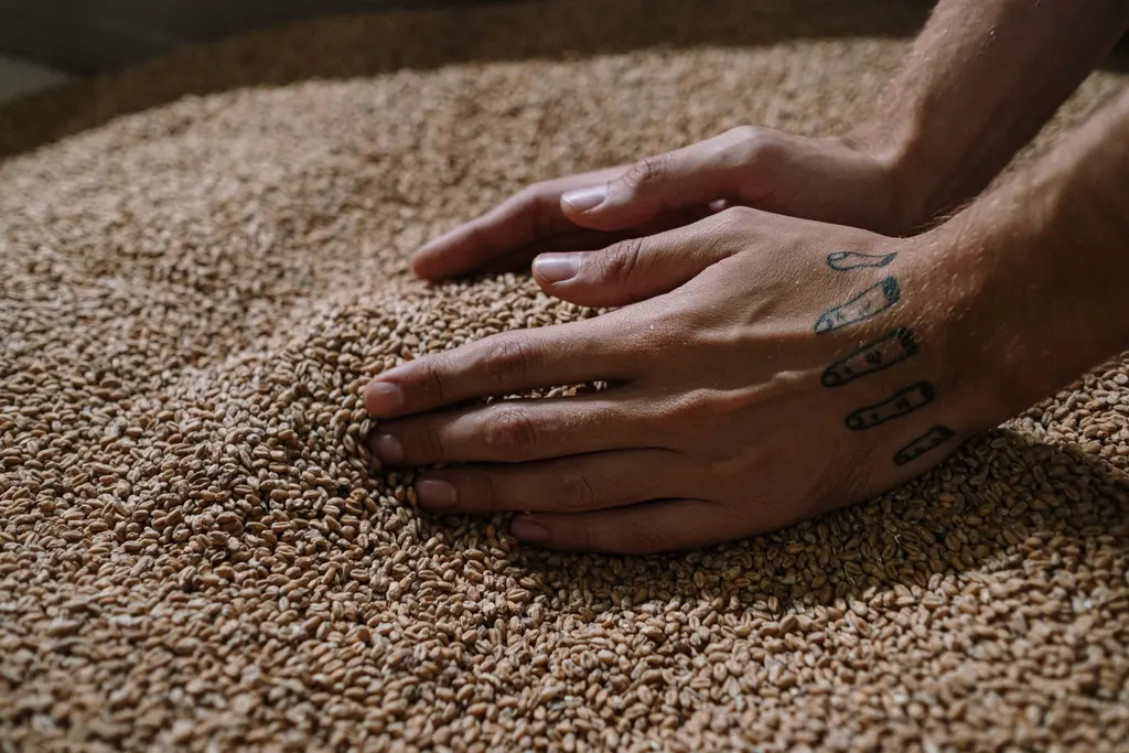 Hands working through a bed of grain